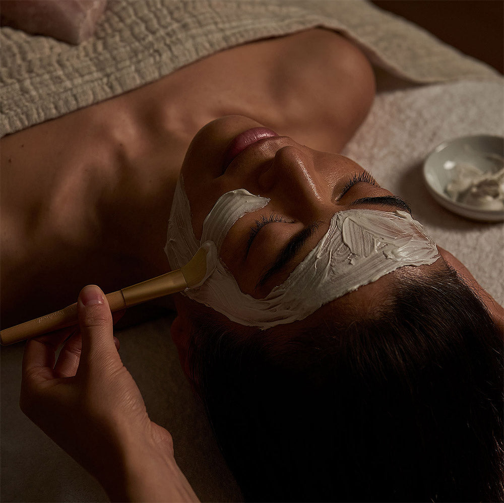 Person receiving a facial treatment with a brush applying cream to their face.