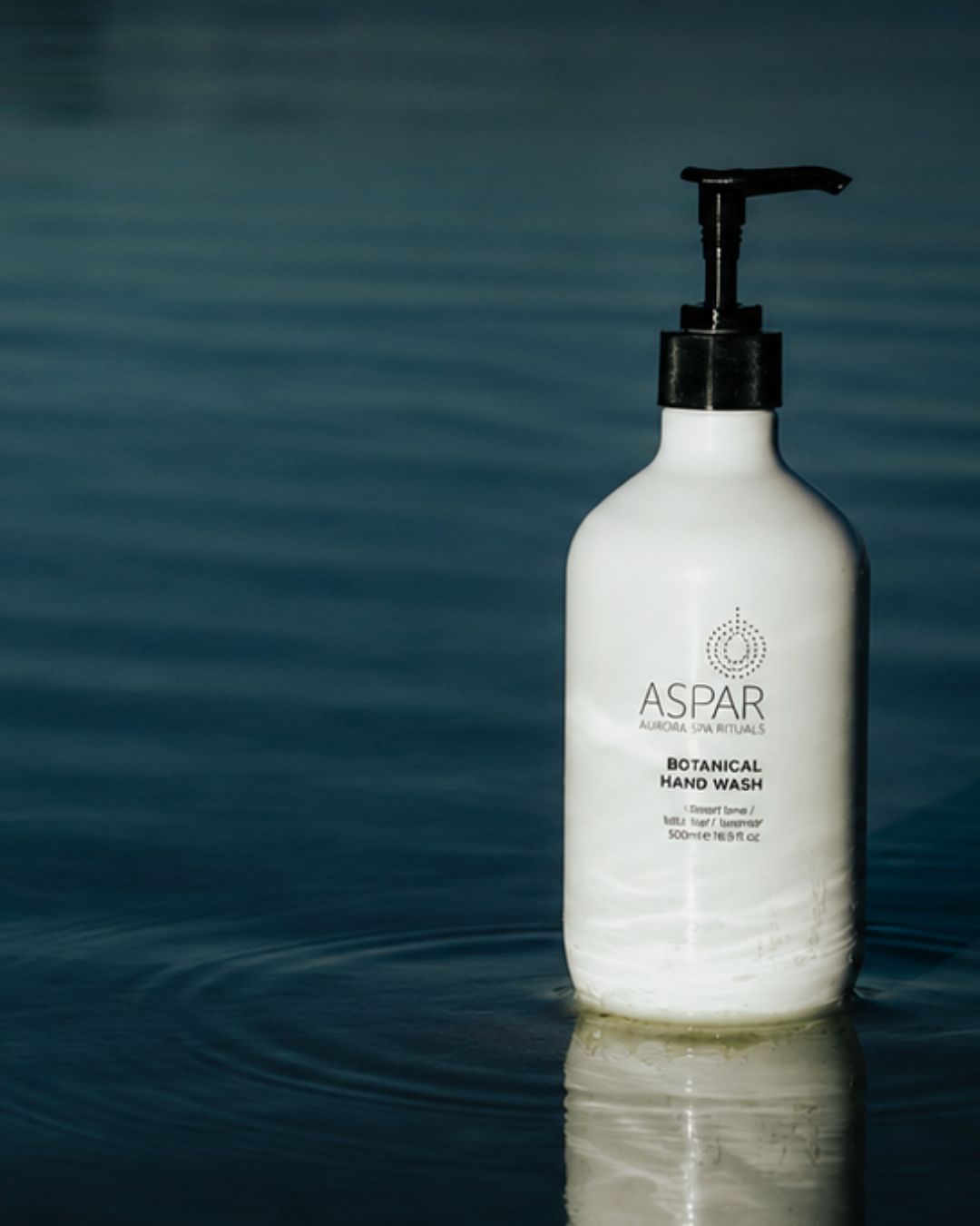 Image of an ASPAR white bottle 500ml Botanical Hand Wash in a pond around water.