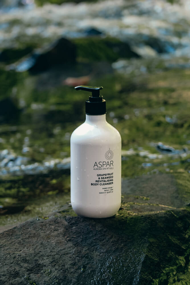 White bottle with black pump labeled 'ASPAR' on a rocky surface with greenery.