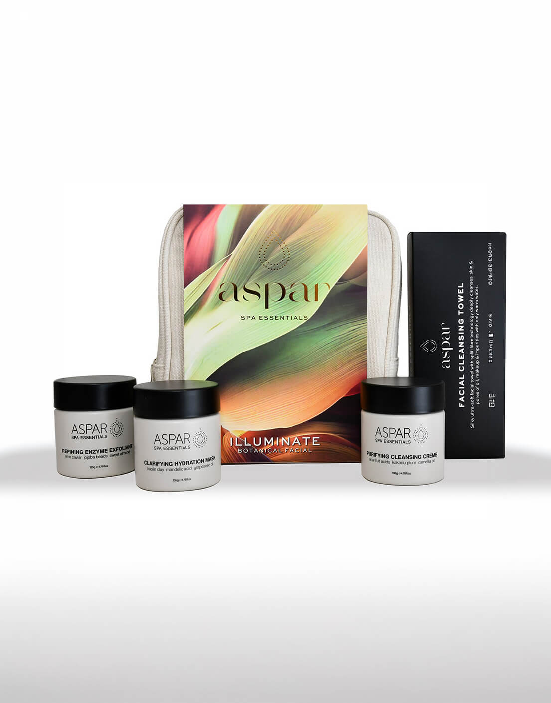 Aspar skincare products including jars and a box on a white background