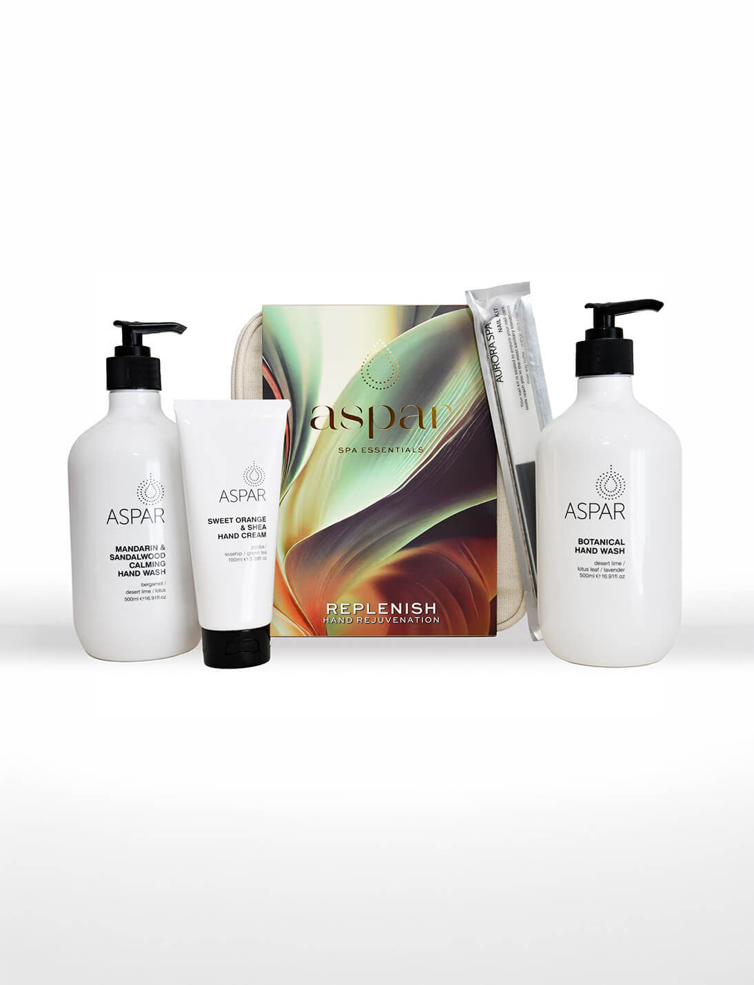 Aspar skincare products including bottles and a pouch on a white background