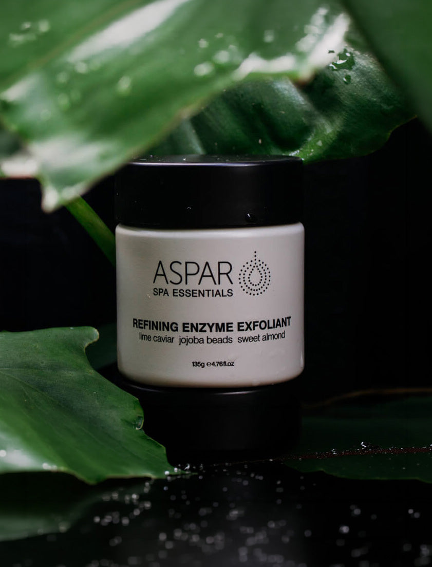 Aspar refining enzyme exfoliant jar with green leaves in the background