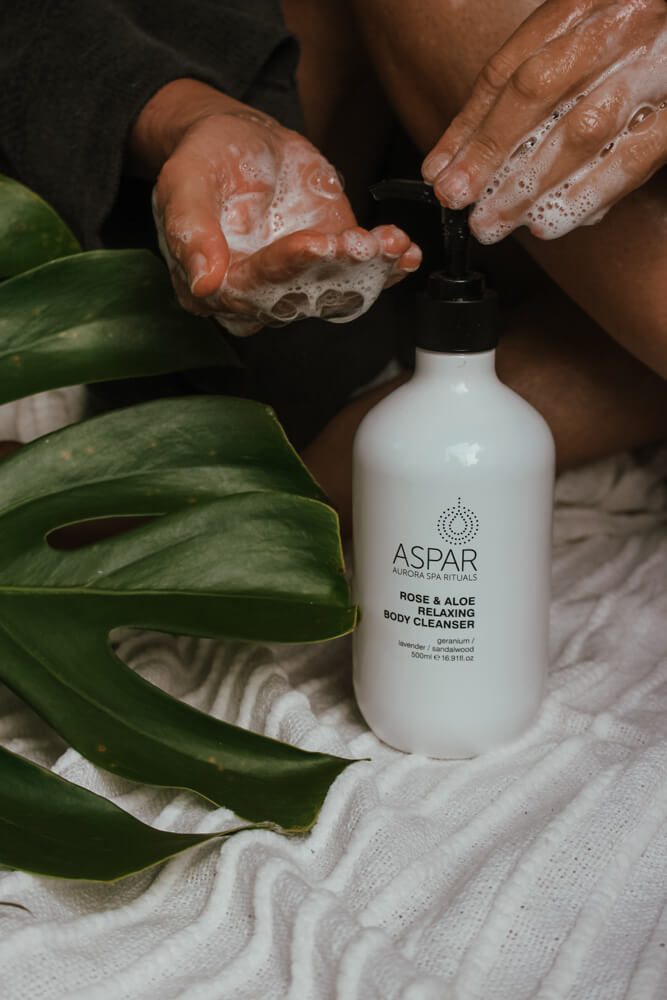 ASPAR body cleanser bottle with hands holding a soap bar and green leaves on a textured surface