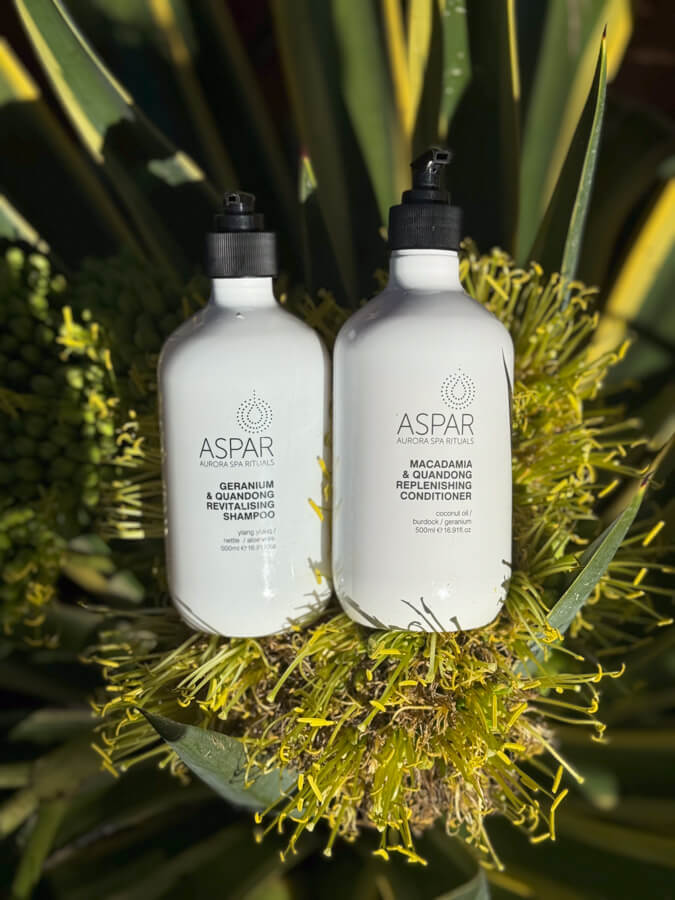 Two ASPAR hair care products on a natural background with greenery.
